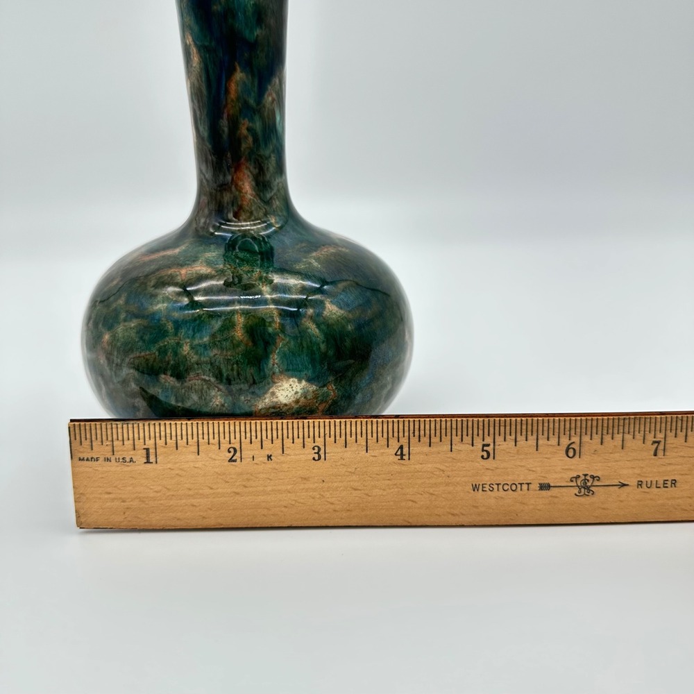 Blue Mountain Pottery Bud Vase 383 8.5" Teal Green Drip Glaze Slant Rim Vintage - Picture 7 of 16